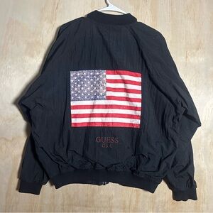 Vtg 90s Guess Jeans Jacket LG Black Windbreaker Full Zip Lined Coat 4th July USA
